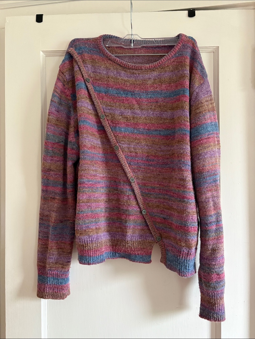 Cider Multicolor Striped Button-Accent Sweater in Pink, Purple & Blue